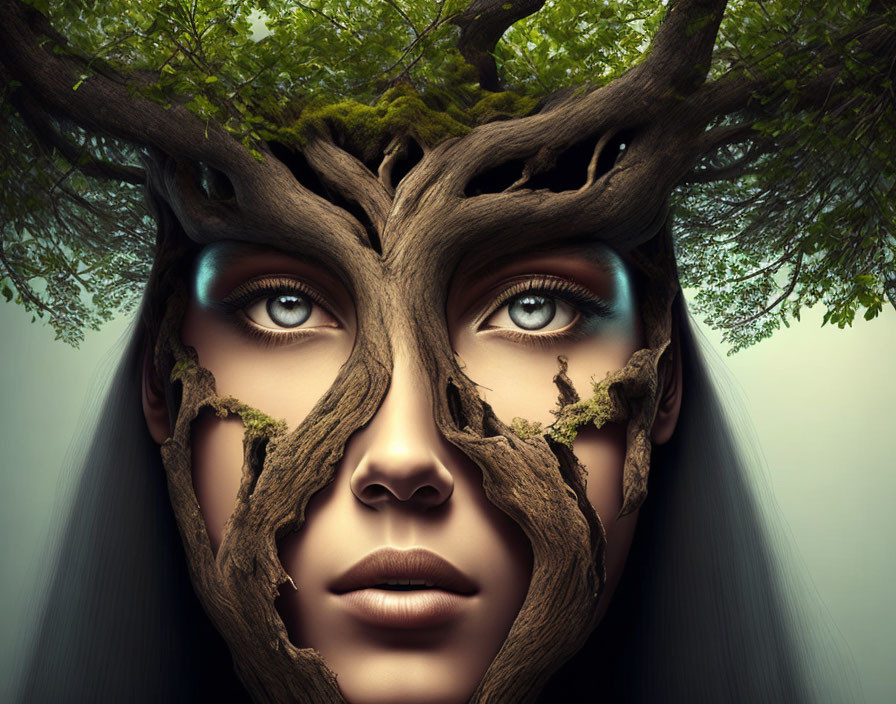 Surreal image of woman's face with integrated tree branches and foliage