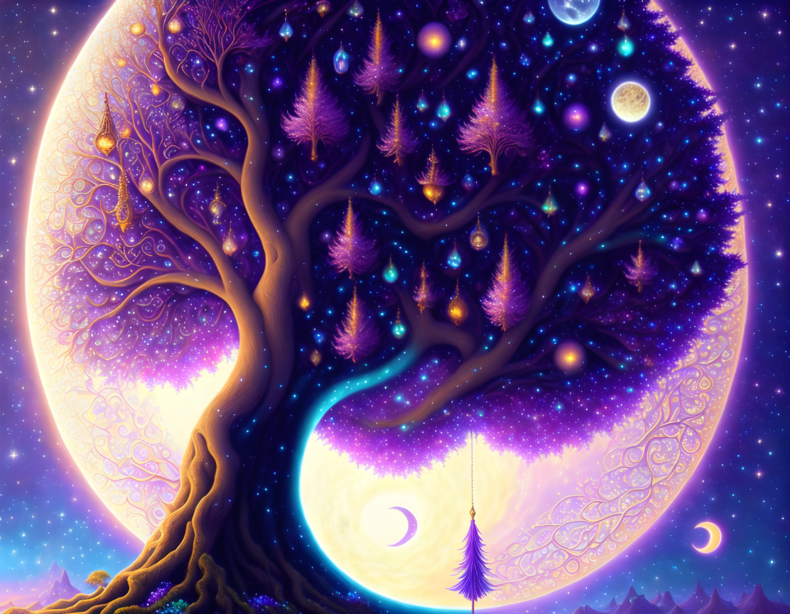 Vibrant surreal illustration: Whimsical tree under full moon