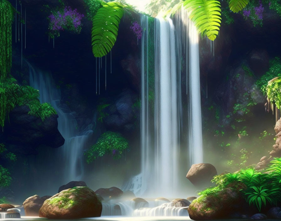 Tranquil Tropical Waterfall with Greenery and Purple Flowers