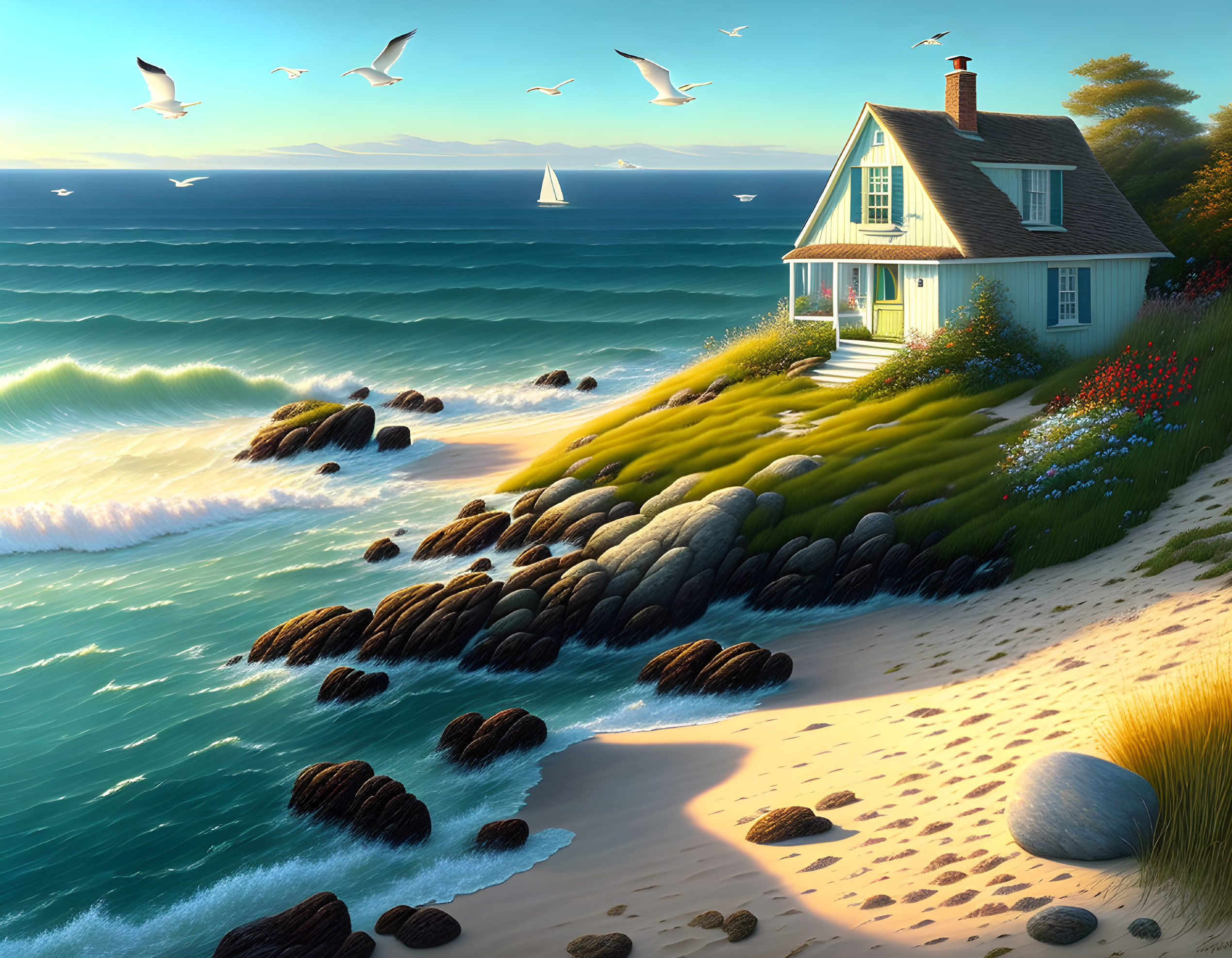 Blue house on seaside cliff with crashing waves, seagulls, and sailboats