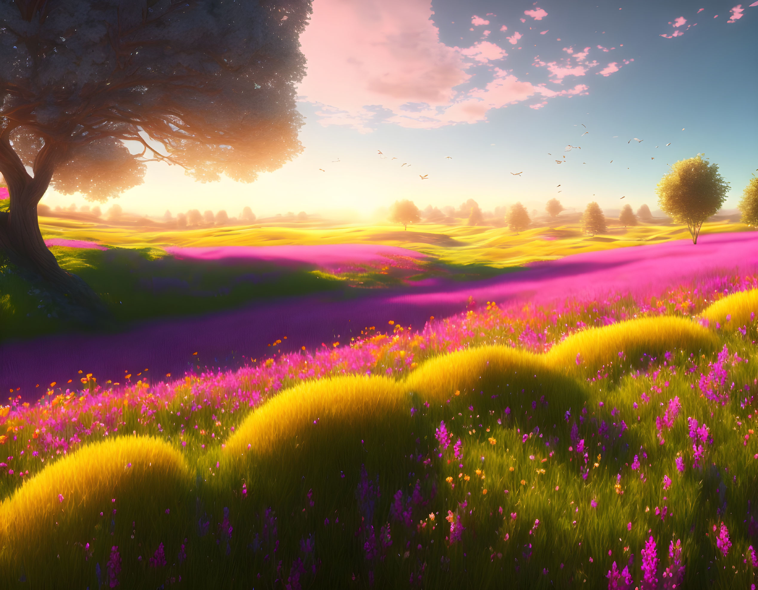 Colorful digital artwork of rolling hills with flowers, lone tree, and sunset sky