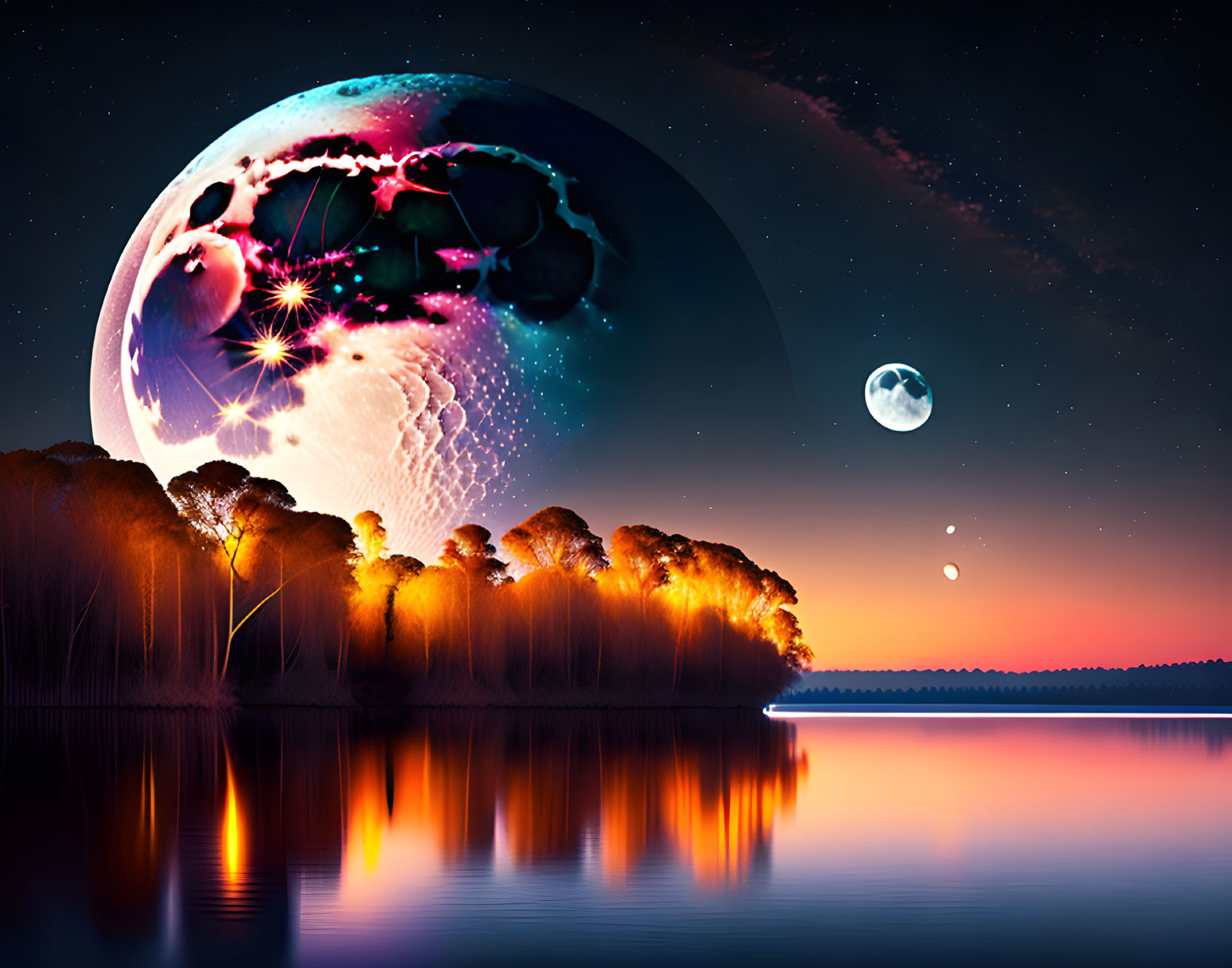 Fantasy planet and moon over serene lake in surreal landscape