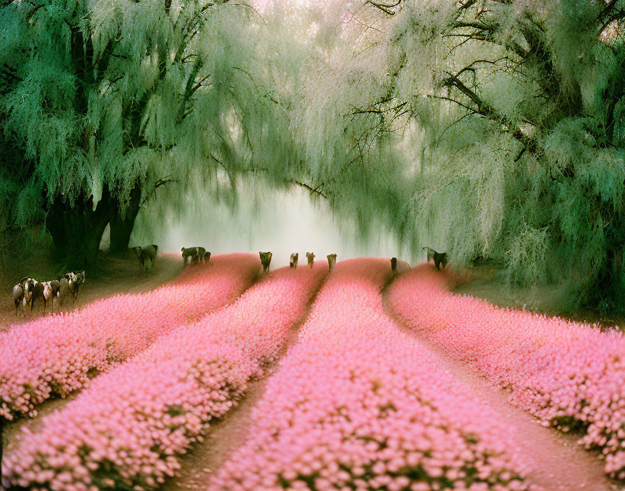 Pink tulips, grazing sheep, and weeping willow trees in a serene landscape