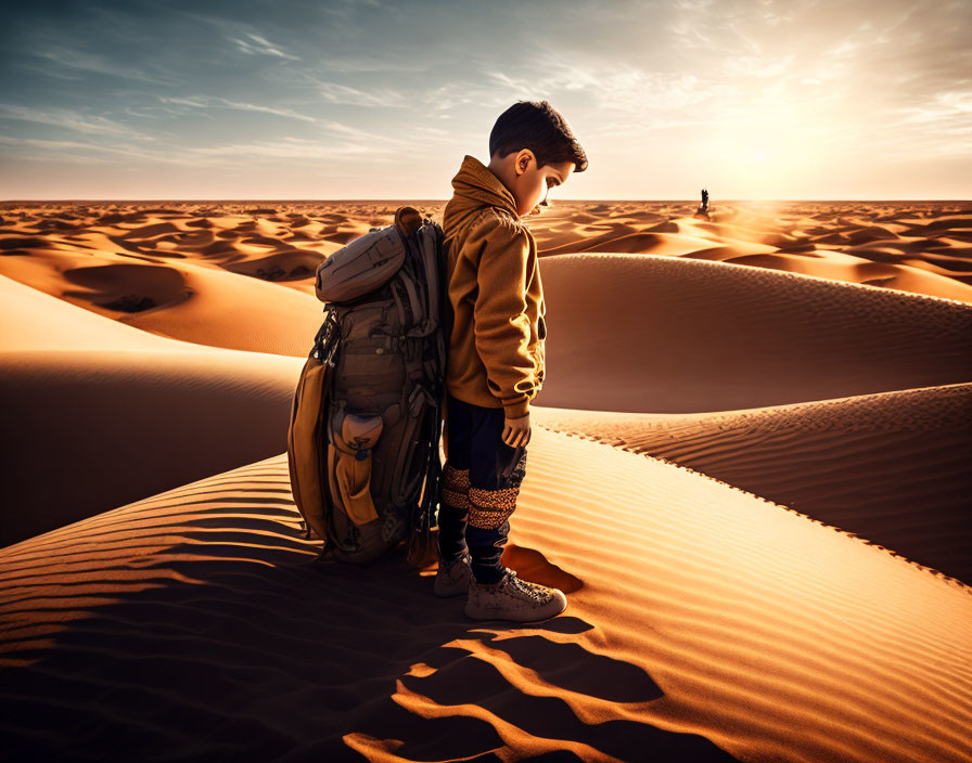 Boy with backpack on sand dune at sunset in desert landscape