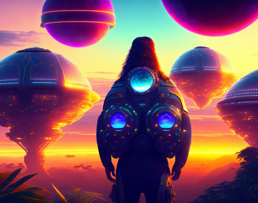 Futuristic suit person observing alien landscape with orbs and glowing structures