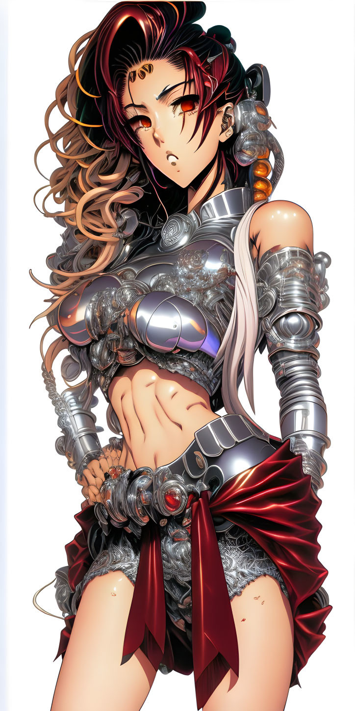 Female anime character with silver armor, brown hair, and red ribbons.