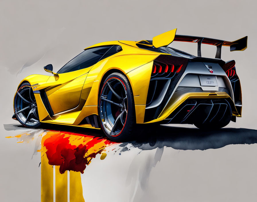 Bright Yellow Sports Car with Rear Wing and Paint Smears Reflection