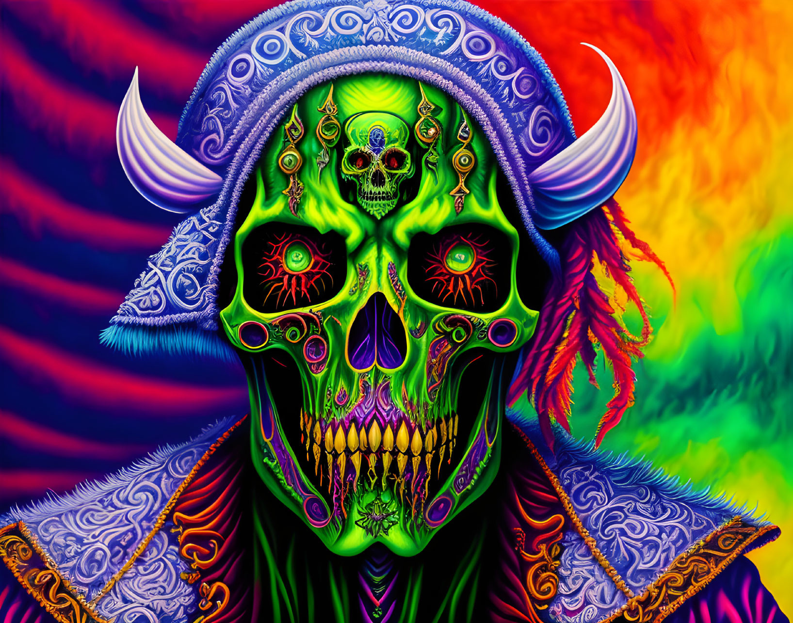 Colorful Psychedelic Skull with Ornate Decorations and Horns on Rainbow Swirl Background