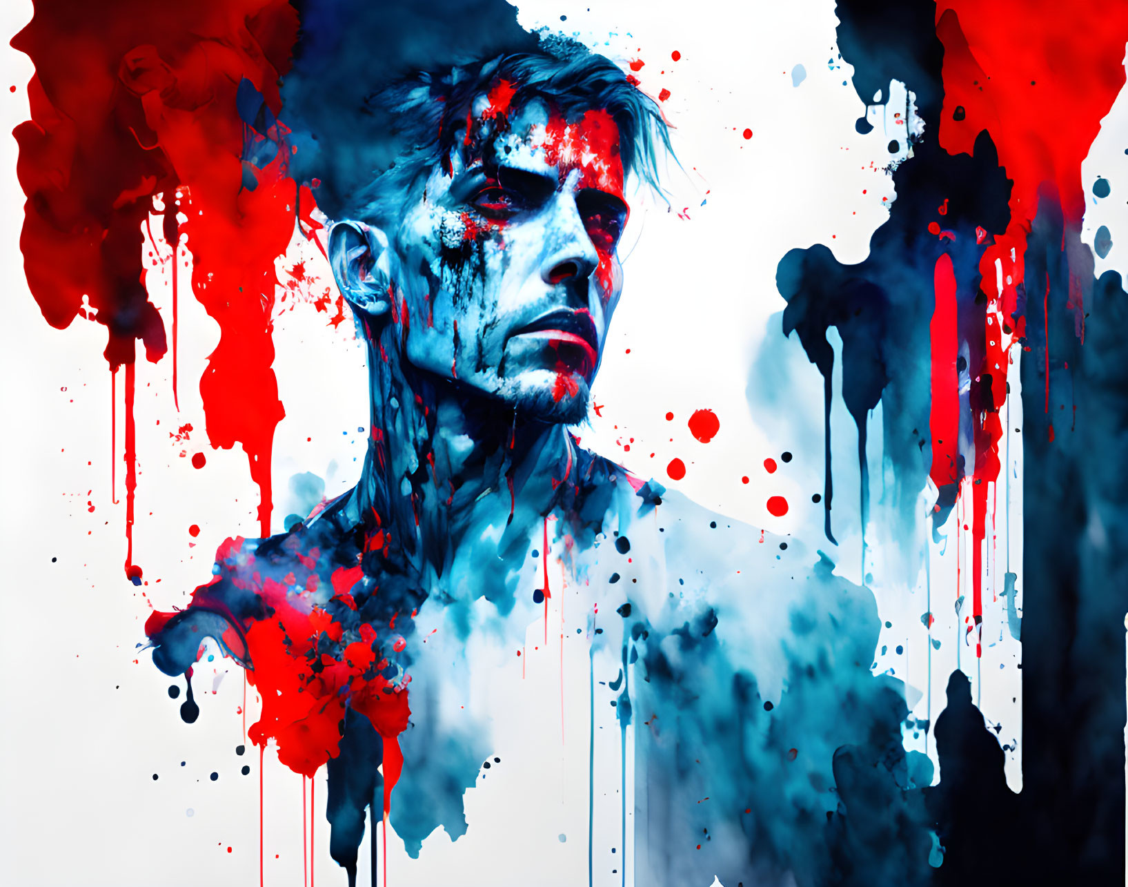 Surreal portrait of man with red and blue paint on white background