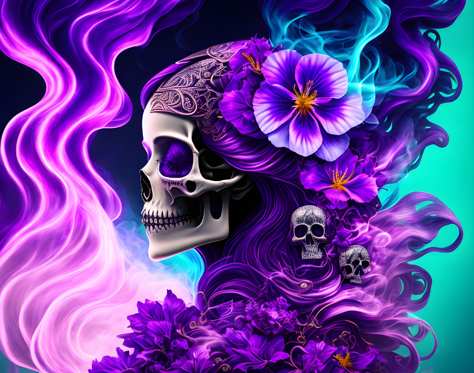 Colorful Artwork: Engraved Skull with Purple Flowers in Swirling Smoke