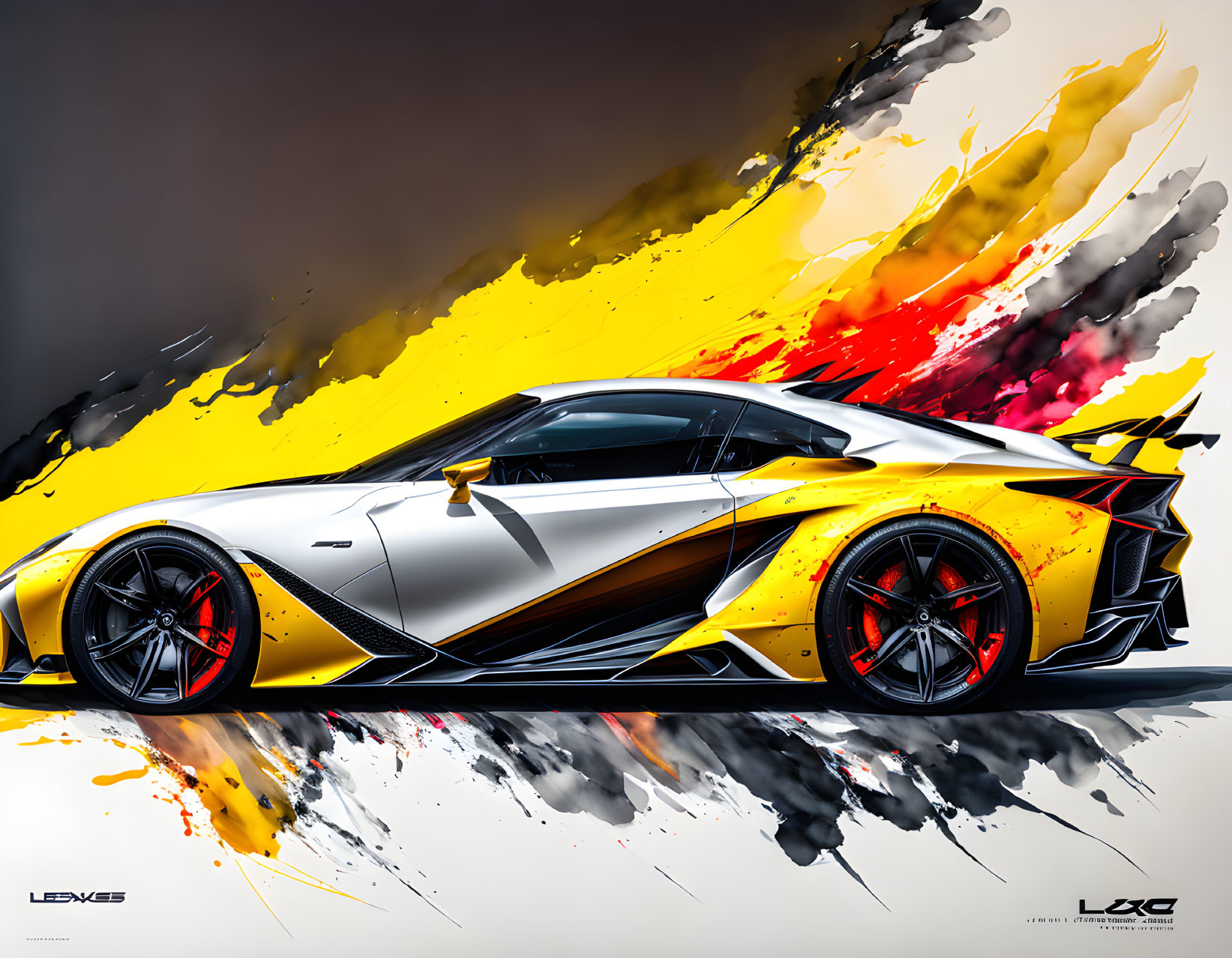 Yellow and Silver Lexus LFA with Abstract Paint Splashes