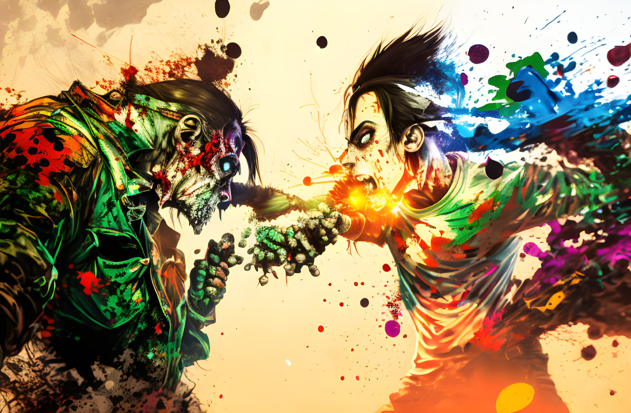 Vibrant clash of stylized characters with explosive colors and dynamic paint splatter effects