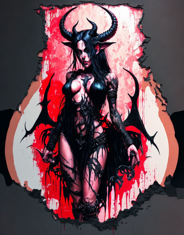 Demonic female figure with horns in dark costume on red and black backdrop