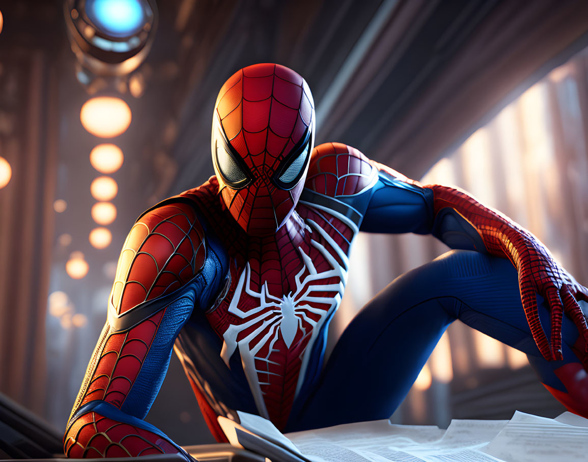 Detailed Spider-Man crouched in industrial setting