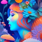 Colorful digital portrait of a woman with floral hair and surreal elements.