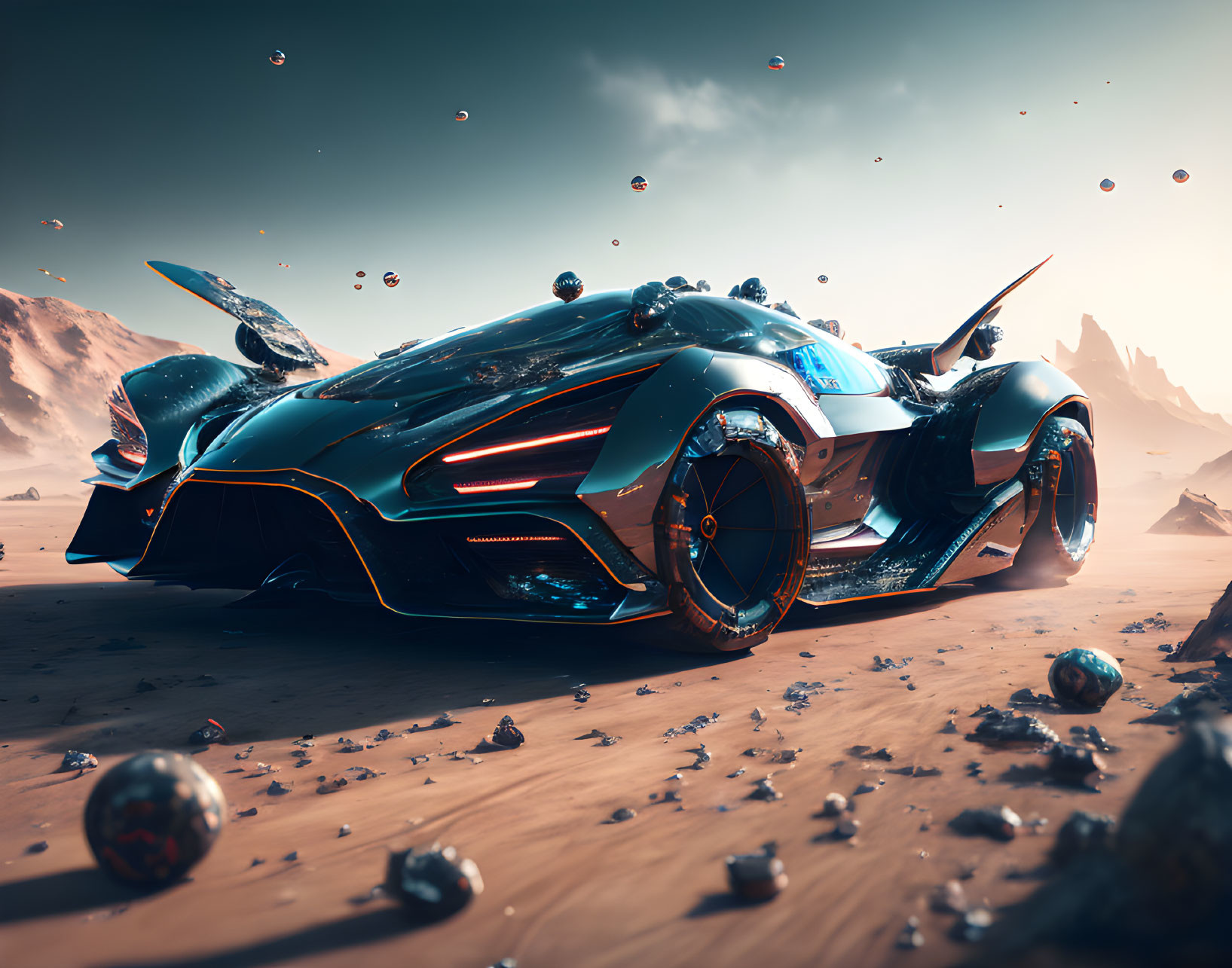 Futuristic sports car on alien planet with gull-wing doors
