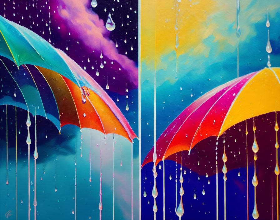 Vibrant painting of two umbrellas in rain against blue and purple backdrop
