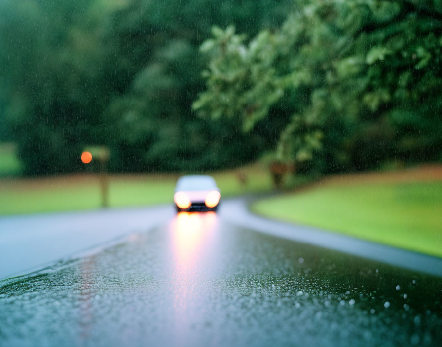Vehicle driving on wet road with raindrops, greenery, and headlights reflecting on shiny asphalt