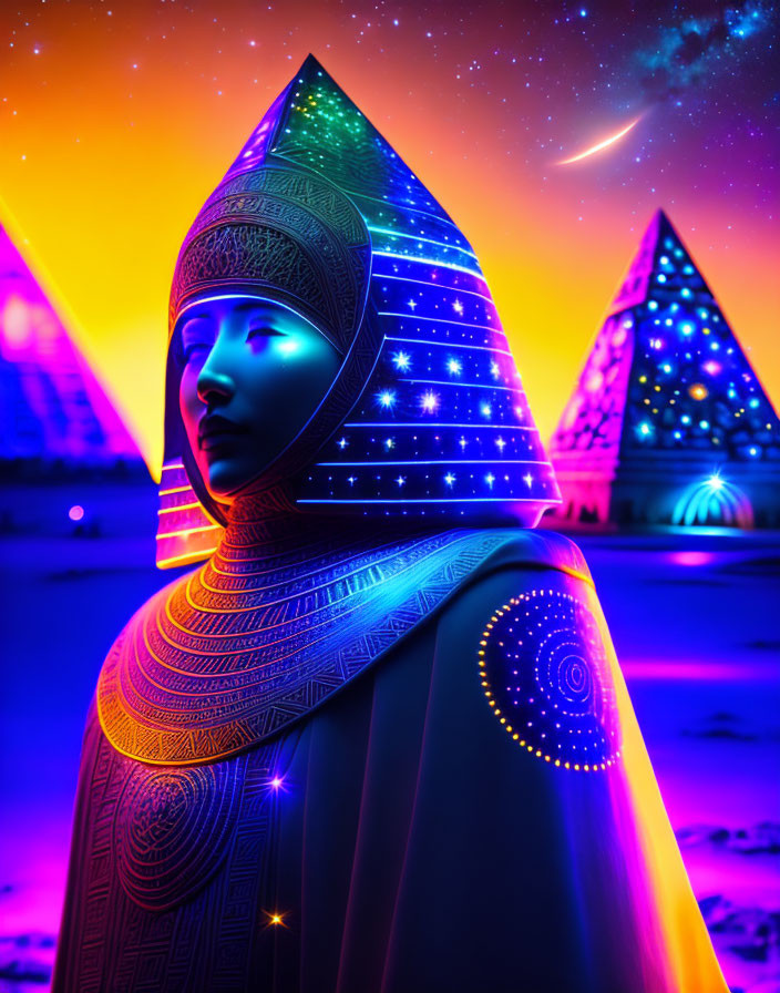 Colorful digital artwork of humanoid figure in geometric patterns against neon-lit landscape with pyramids and twilight