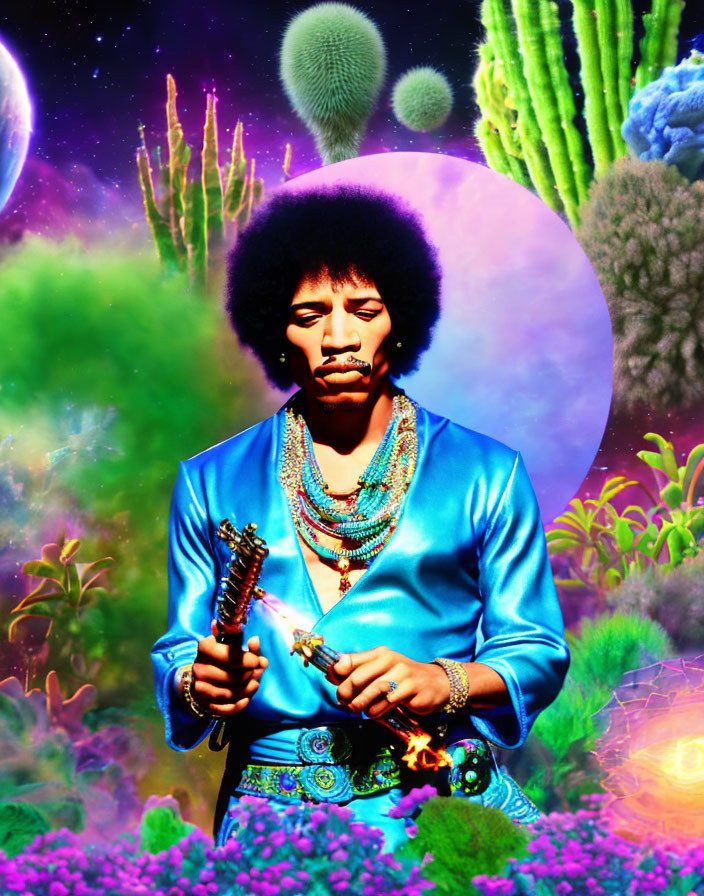 Person with Afro Hairstyle in Vibrant Blue Shirt Holding Guitar Against Psychedelic Floral Backdrop with