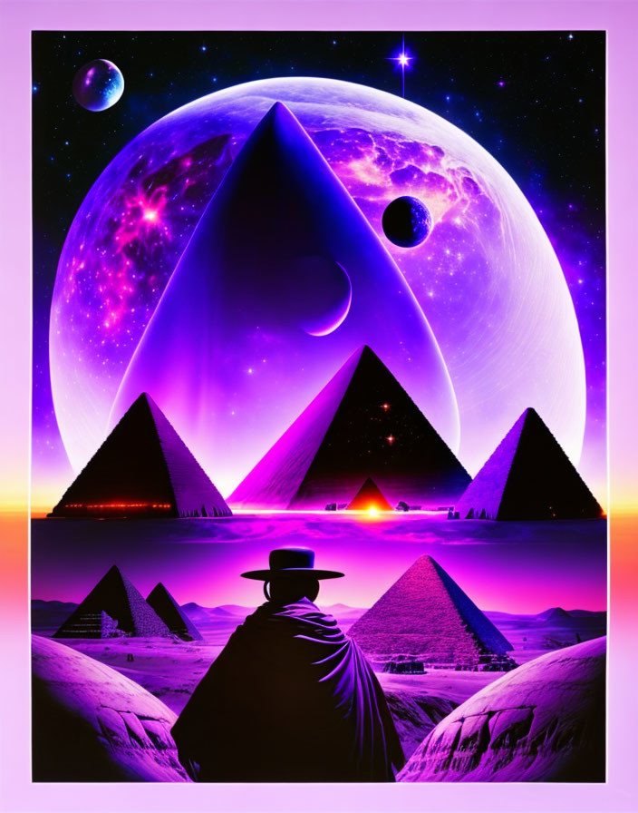 Person in Hat and Cloak Observing Pyramids Under Cosmic Sky