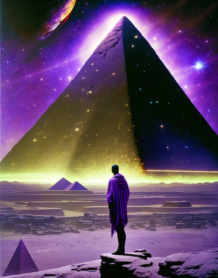 Person in purple cloak at Egyptian pyramid under starry sky with comet in desert landscape