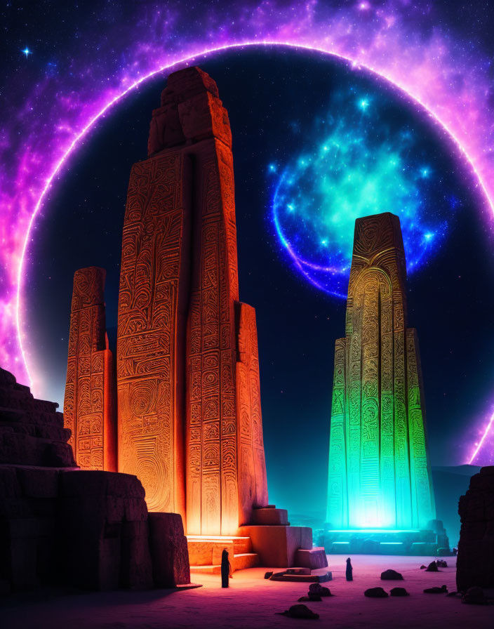 Ethereal galactic ring over ancient ruins at night