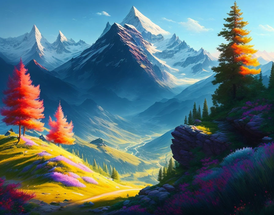 Colorful landscape with pink trees, purple wildflowers, and snow-capped mountains
