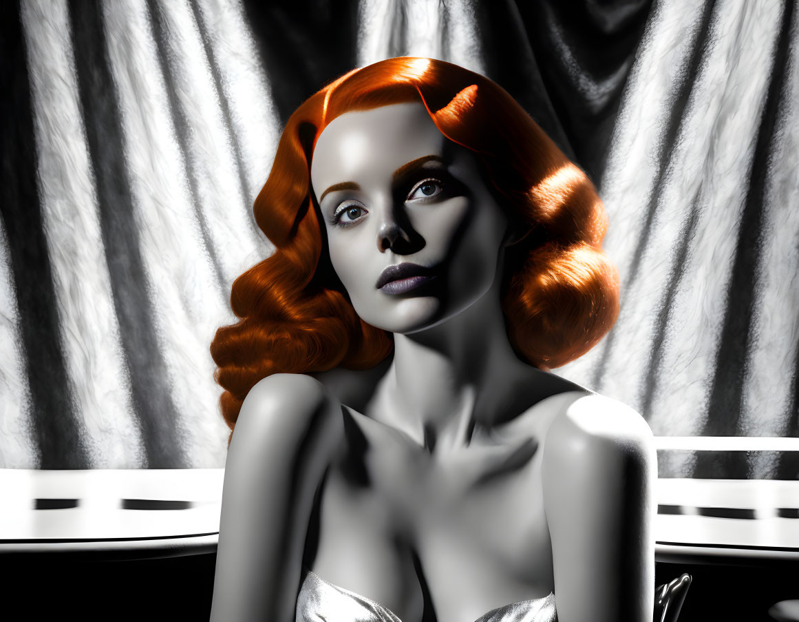Monochrome image with red-haired woman in vintage hairstyle against draped curtain.