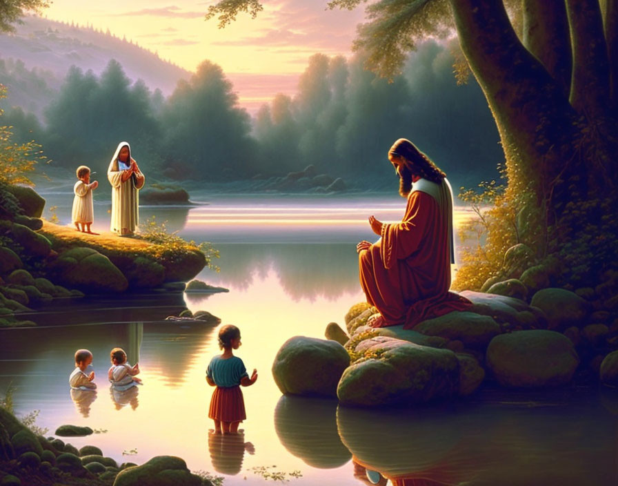 Tranquil sunset scene by calm lake with figure on rock surrounded by children and adult