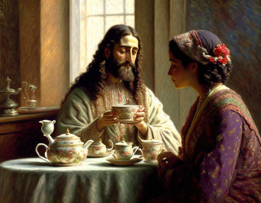 Bearded man and woman in traditional dress enjoying tea by sunny window