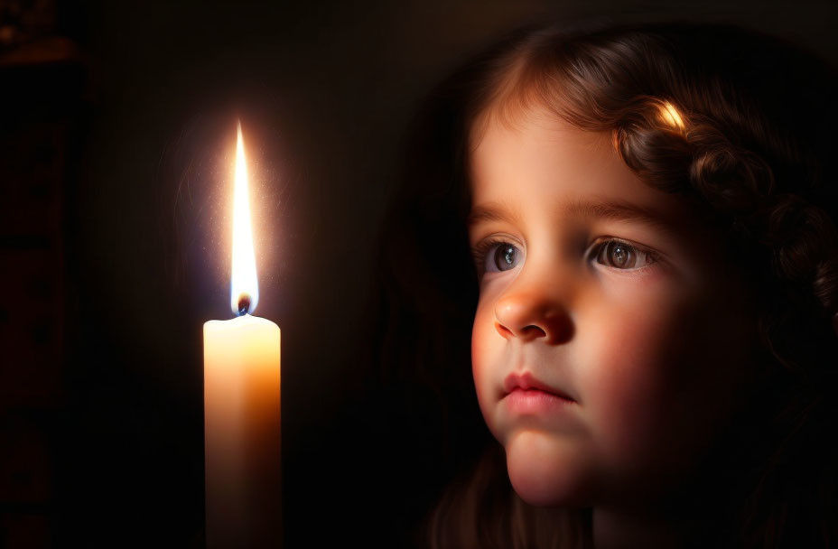 Curly-Haired Child Gazing at Lit Candle in Dimly Lit Scene