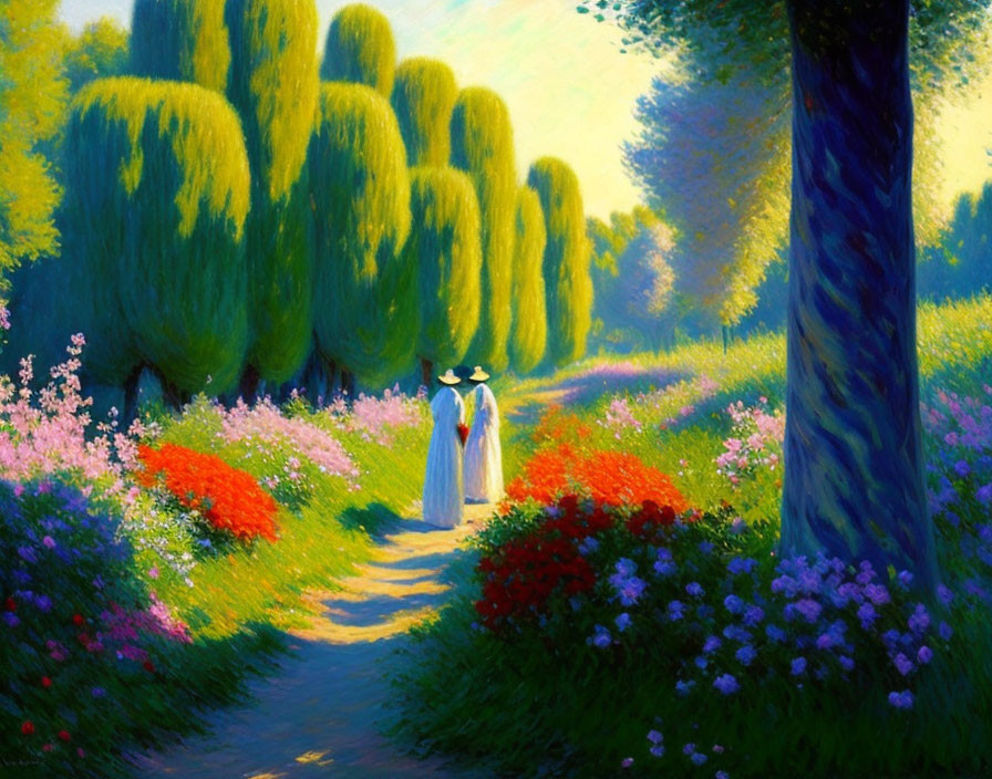 Colorful painting of person in white dress walking on flower-lined path under sunny sky