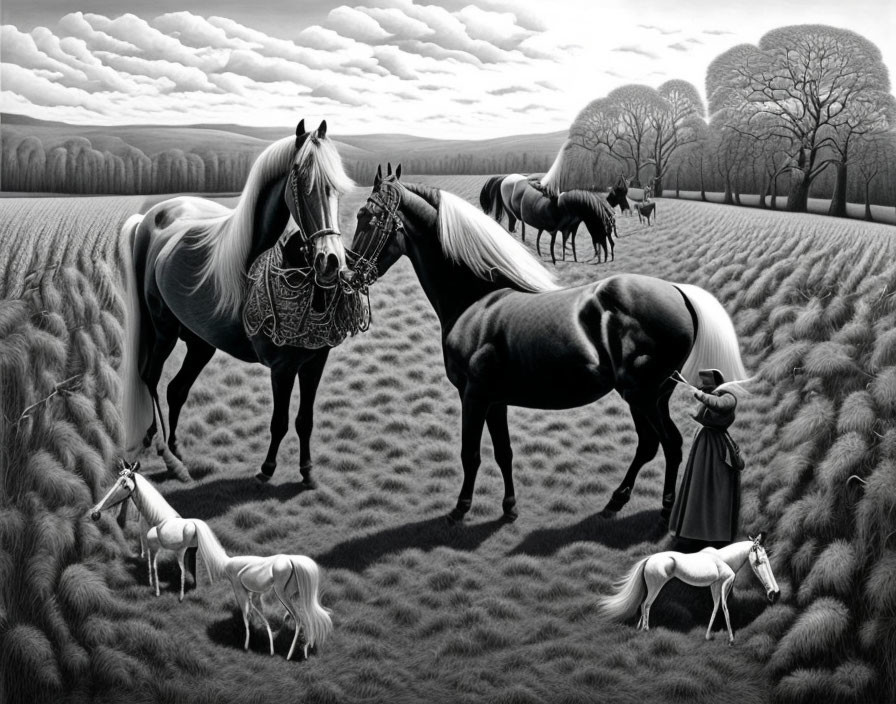 Surreal monochrome artwork featuring horses and human figure in medieval setting