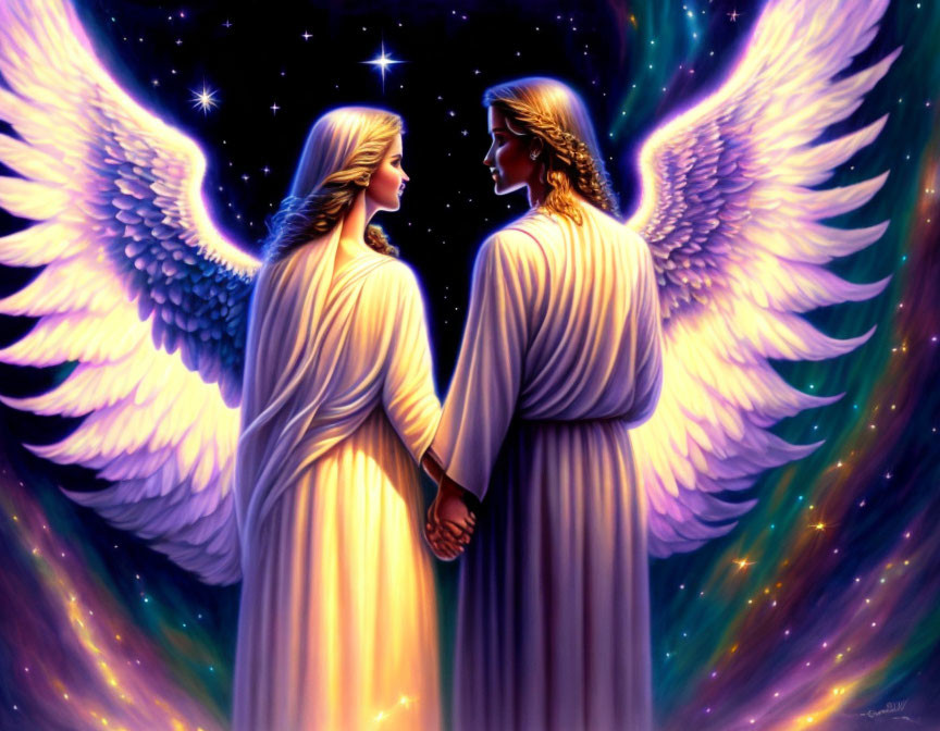 Glowing angels with halos and outstretched wings in celestial setting