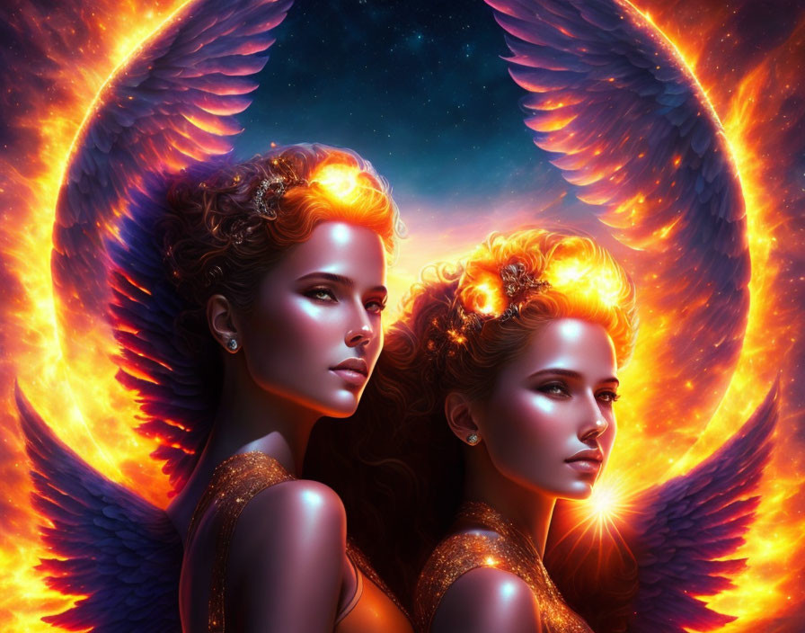 Digital artwork of twin female figures with golden hair and wings in cosmic setting