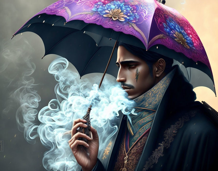 Man with ornate umbrella and vaporizing object in stylized image