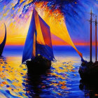 Colorful sunset ocean scene with sailing ship and bird silhouette in cosmic sky
