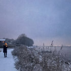 Snowy Evening Scene: River, Walking People, Boats, Glowing Lamps, Dus