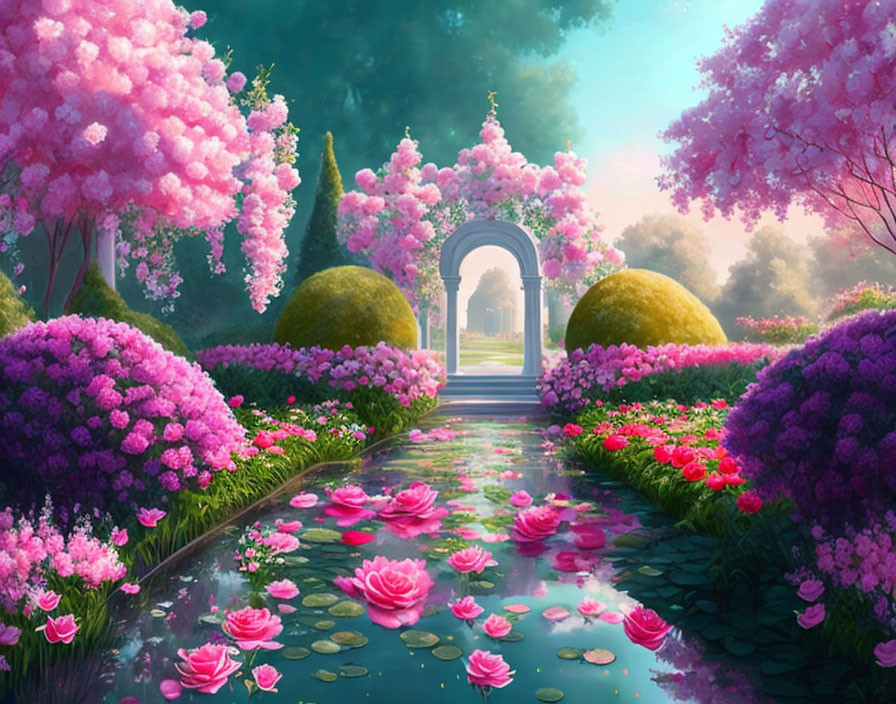 Tranquil garden with pink flowers, pond, and archway