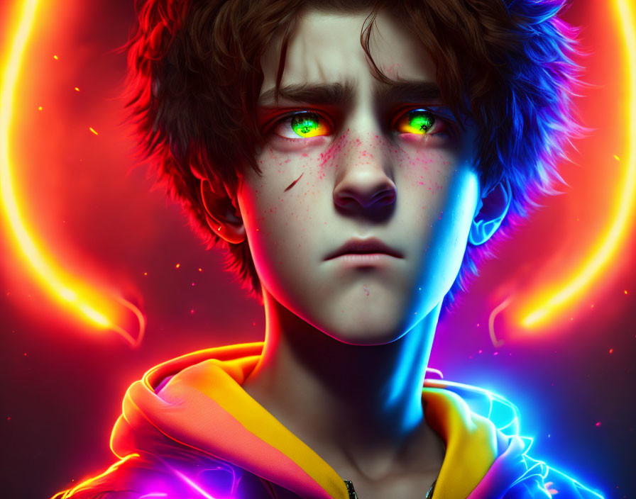 Digital illustration of young boy with green eyes in neon rings of orange and blue