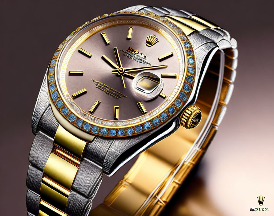 Luxurious Rolex Watch: Gold and Silver Band, Diamond Encrusted