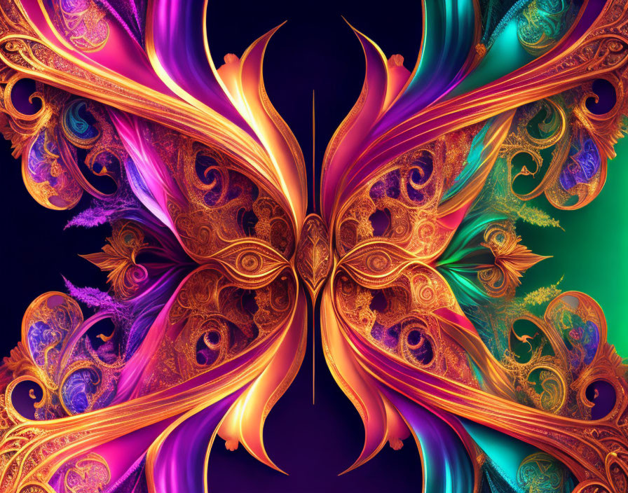 Symmetrical fractal design with intricate warm gold, purple, and teal patterns