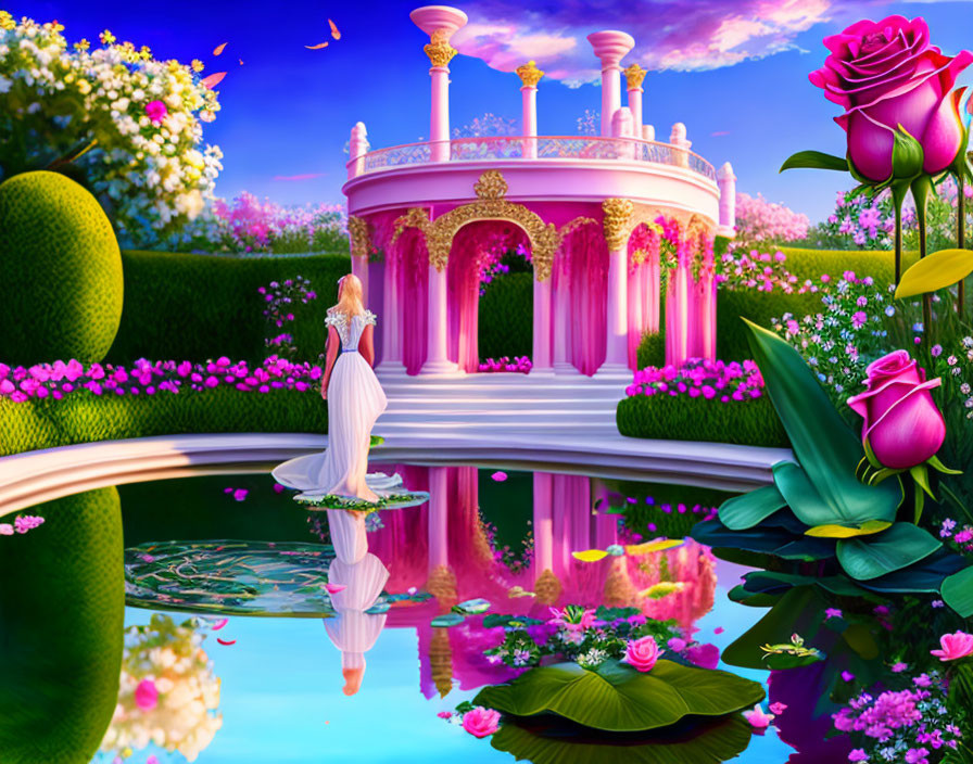 Woman in white gown by reflective pond at pink gazebo in vibrant garden