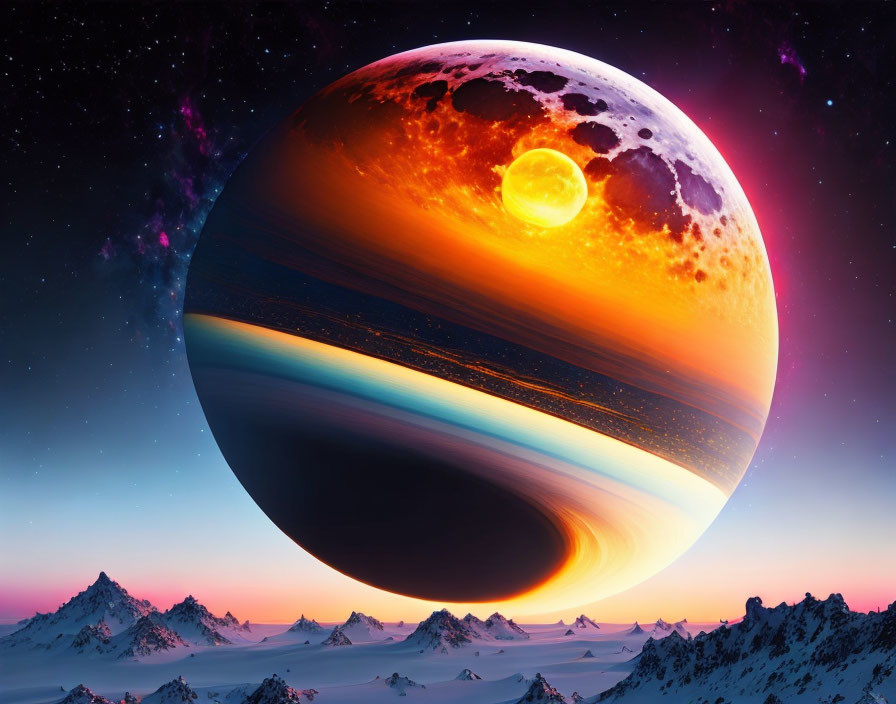Surreal snowy mountain landscape with cosmic sky and colorful planet