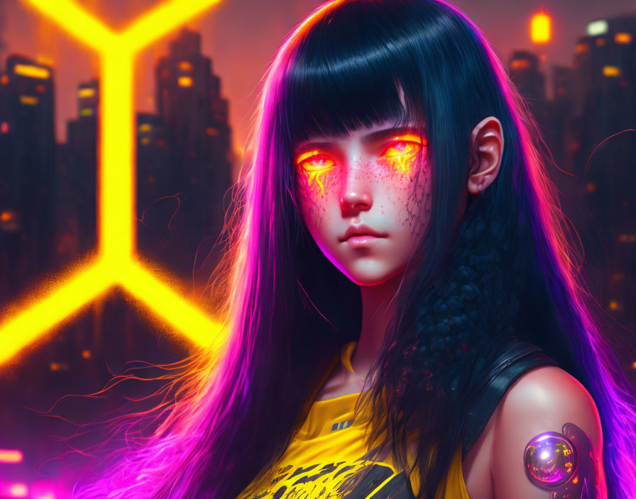 Futuristic girl with red glowing eyes and pink-highlighted hair in neon-lit cityscape