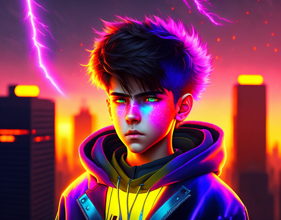 Vibrant digital art portrait of young boy with blue hair and neon face paint in cityscape
