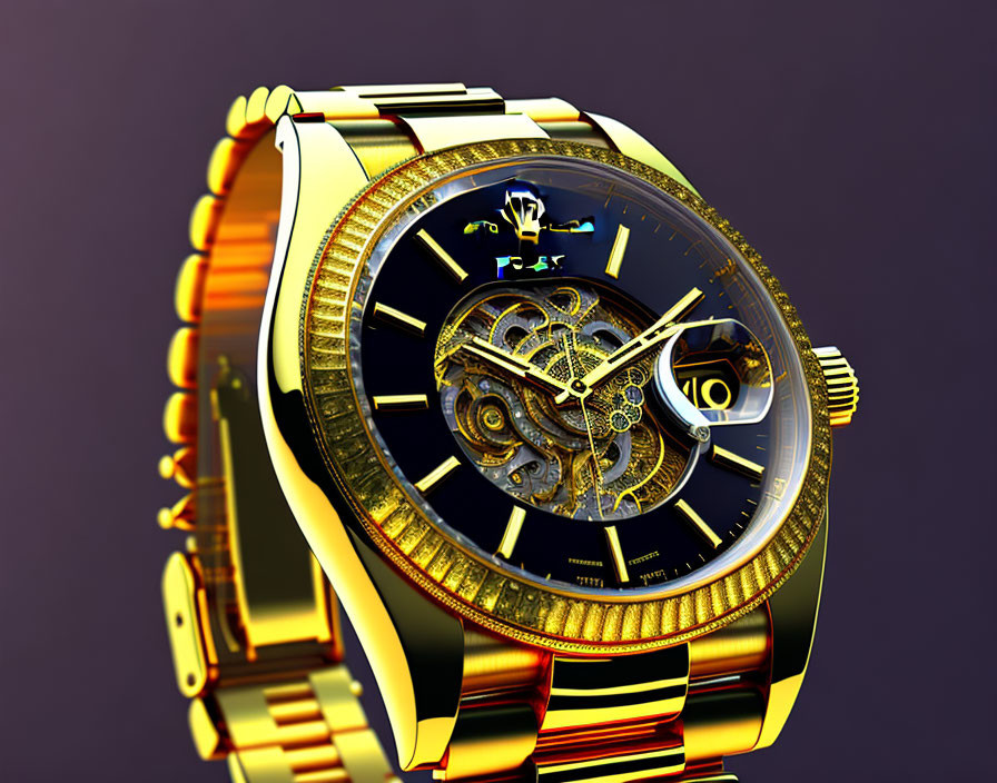 Gold-Toned Wristwatch with Transparent Face and Mechanical Gears on Purple Background