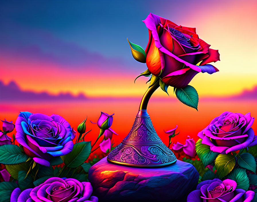 Colorful red rose in ornate vase with multicolored flowers against sunrise/sunset.