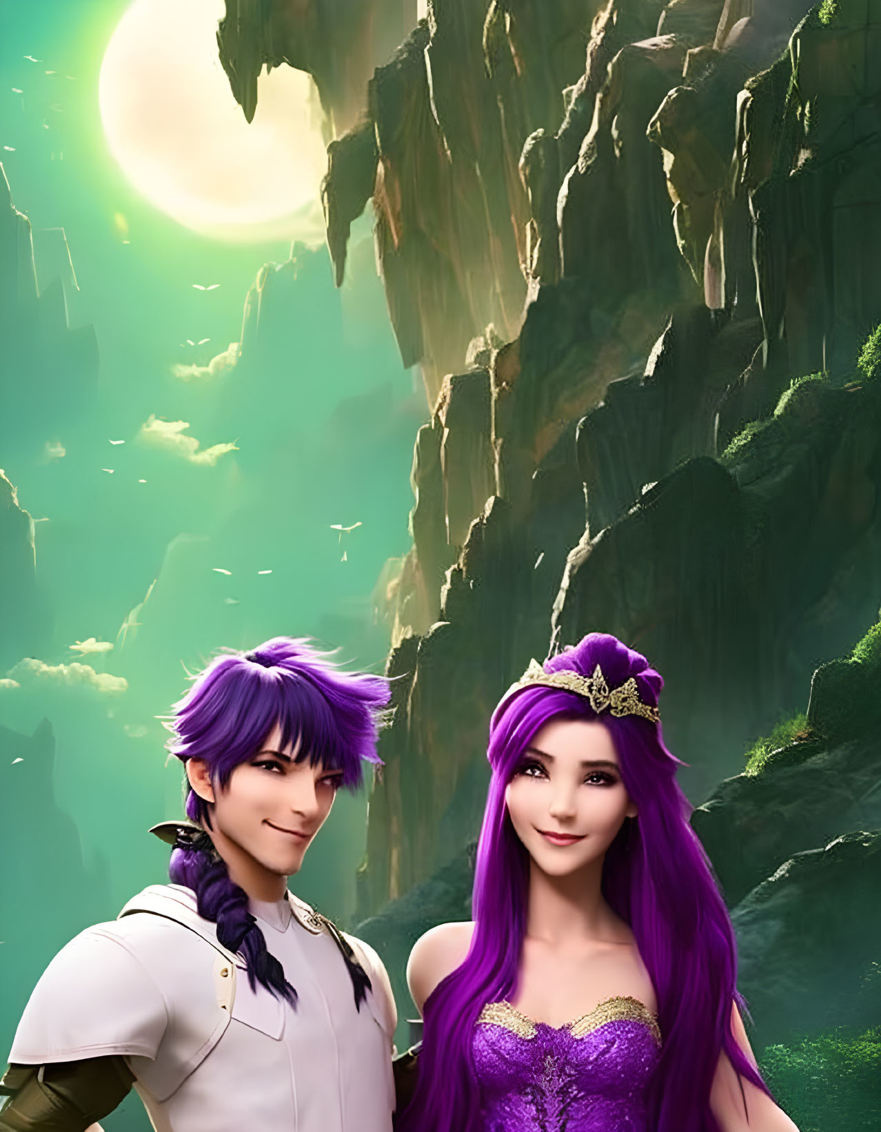 Animated characters with purple hair in fantasy attire against moonlit cliffs